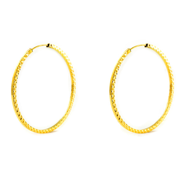 Boucles d'Oreilles Femme Or Jaune 18 Carats Créole Carré Sculpté 40 x 1.5 mm