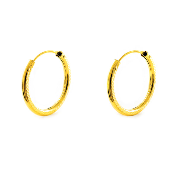 Boucles d'Oreilles Femme Or Jaune 18 Carats Créole Ronde Sculptée 18 x 2 mm