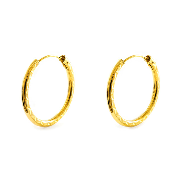 Boucles d'Oreilles Femme Or Jaune 18 Carats Créole Ronde Sculptée 20 x 2 mm