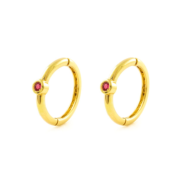 Boucles d'Oreilles Femme Or Jaune 9 Carats Ronde Créole Rubis Précieux Synthétique Brillant 10 x 2 mm