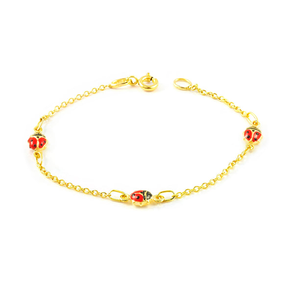 Bracelet Enfant Or Jaune 9 Carats Émail Coccinelle Rouge-Noir Brillant 14 cm