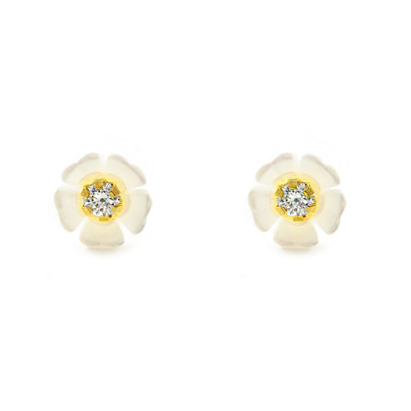 Boucles D'Oreilles Enfant Nacre Fleur Or Jaune 18 Carats - Bijoux Faits Main Avec Coffret Cadeau