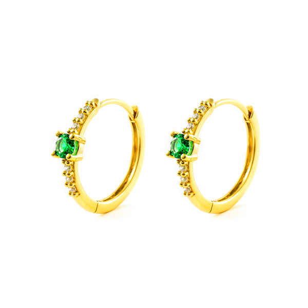 Boucles d'Oreilles Femme Or Jaune 9 Carats Créole Rondes Émeraudes Synthétiques Brillantes 14.5 x 3 mm