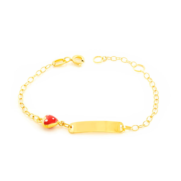 Bracelet Enfant Or Jaune 18K Émail Esclavage Cœur Rouge-Blanc Brillant 14 cm