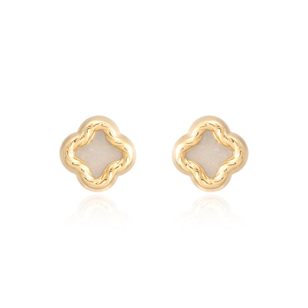 Boucles d'Oreilles Enfant Jaune Or 9 Carats Nacre Quatrefoil Sculpté