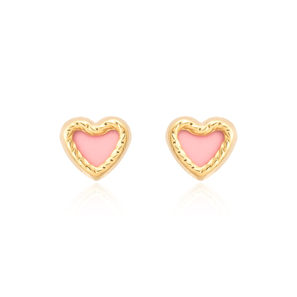 Boucles d'Oreilles Enfant Coeur Rose Nacre Or Jaune 9 Carats