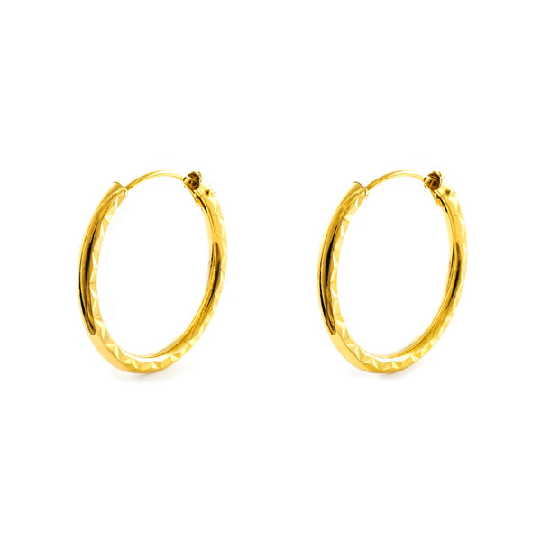 Boucles d'Oreilles Femme Or Jaune 18 Carats Créole Ronde Sculptée 18 x 2 mm