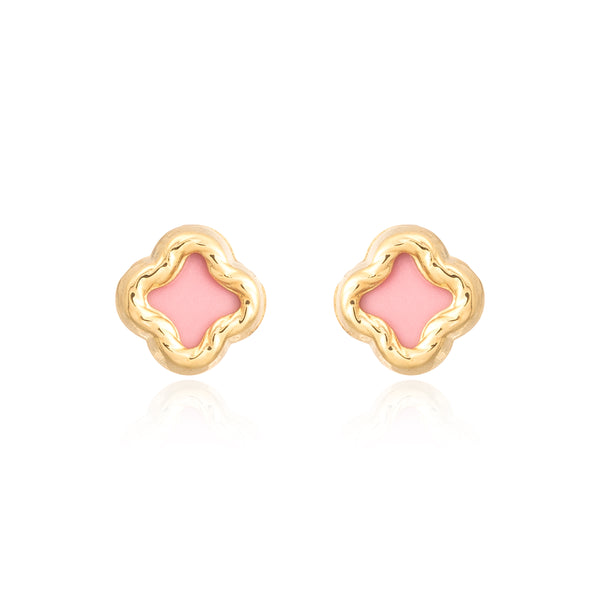 Boucles d'Oreilles Enfant Or Jaune 9 Carats Nacre Trèfle Rose Sculpté