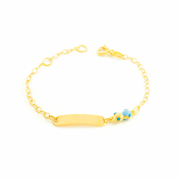 Bracelet Enfant Or Jaune 18 Carats Émail Esclavage Ours Bleu Brillant 14 cm