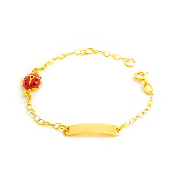 Bracelet Enfant Or Jaune 18K Émail Esclavage Coccinelle Rouge-Noir Brillant 14 cm