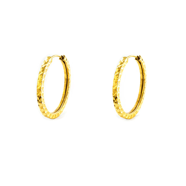 Boucles d'Oreilles Femme Or Jaune 18 Carats Créole Carré Sculpté 14 x 1.5 mm