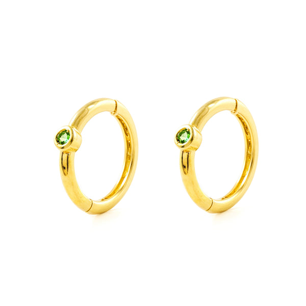 Boucles d'Oreilles Femme Or Jaune 9 Carats Créole Rondes Émeraudes Synthétiques Brillantes 10 x 2 mm