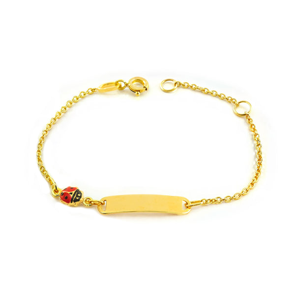 Bracelet Enfant Or Jaune 9 Carats Émail Esclavage Coccinelle Rouge-Noir Brillant 14 cm