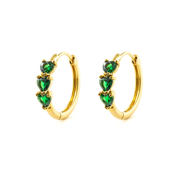 Boucles d'Oreilles Femme Or Jaune 9 Carats Créole Ronds Émeraude Synthétique Cœurs Brillant 14.5 x 3 mm