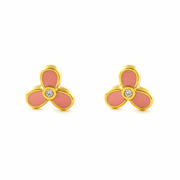 Boucles d'Oreilles Fille Enfant Trèfle Émail Rose Brillant Or Jaune 9 Carats