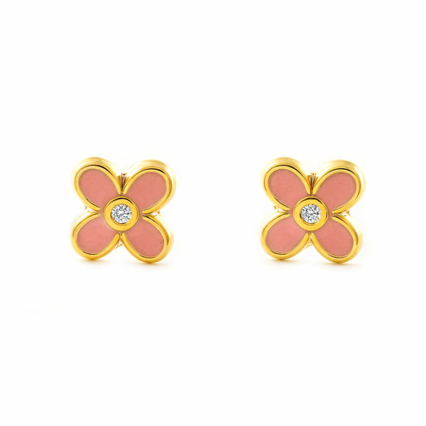 Boucles d'Oreilles Fille Enfant Trèfle Émail Rose Brillant Or Jaune 9 Carats