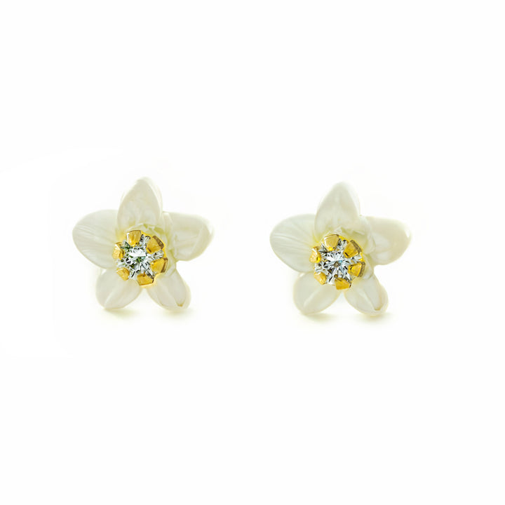 Pendientes oro Amarillo 18K Flor Nácar Madre Perla Brillo