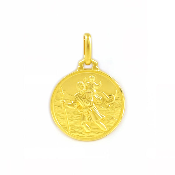 Médaille Fille Femme Or Jaune 18 Carats Ronde San Cristobal 12 mm Mate et Brillant