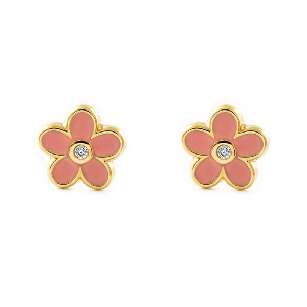 Boucles d'Oreilles Fille Enfant Fleur Émail Rose Or Jaune 9 Carats