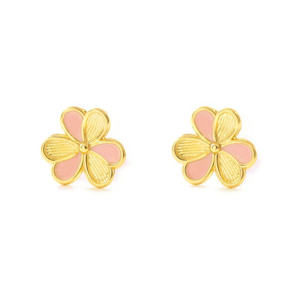 Pendientes Niña Mujer oro Amarillo 9K Trébol Esmalte Rosa Brillo y Textura
