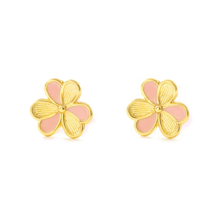 Pendientes Niña Mujer oro Amarillo 9K Trébol Esmalte Rosa Brillo y Textura
