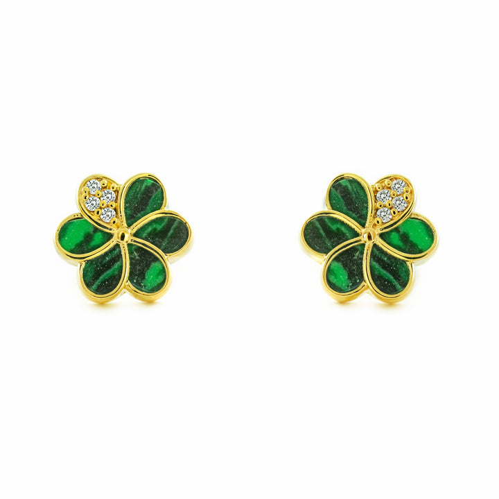Pendientes Niña Mujer oro Amarillo 9K Flor Piedra Malaquita Verde Brillo