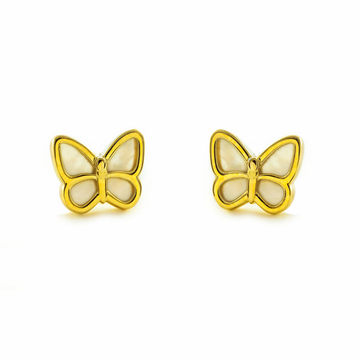 Pendientes Niña Mujer oro Amarillo 9K Mariposa Nácar Madre Perla Blanco Brillo
