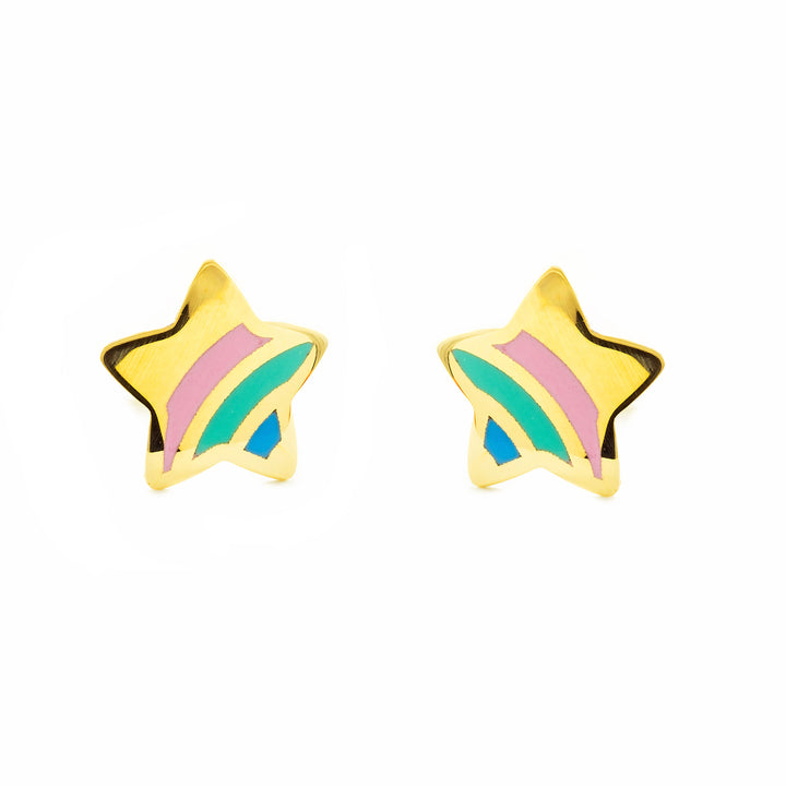 Pendientes Niña oro Amarillo 9K Estrella Esmalte Multicolor Brillo