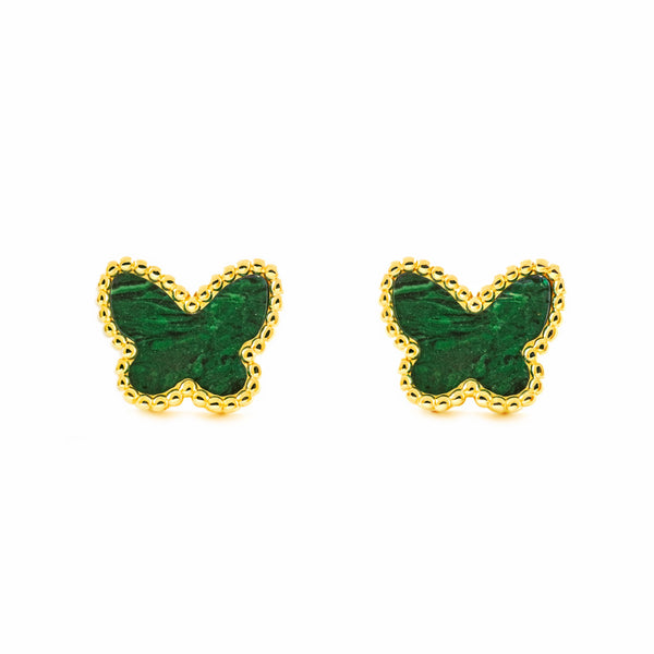 Pendientes Mujer oro Amarillo 9K Mariposa Piedra Malaquita Verde Brillo y Textura