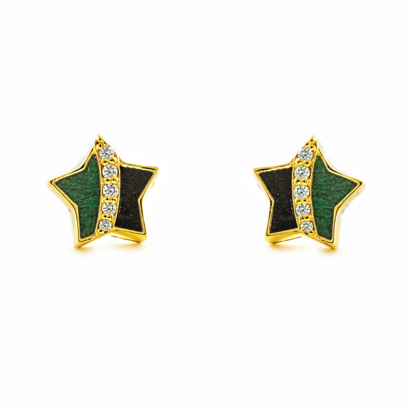 Pendientes Niña Mujer oro Amarillo 9K Estrella Piedra Malaquita Verde Brillo