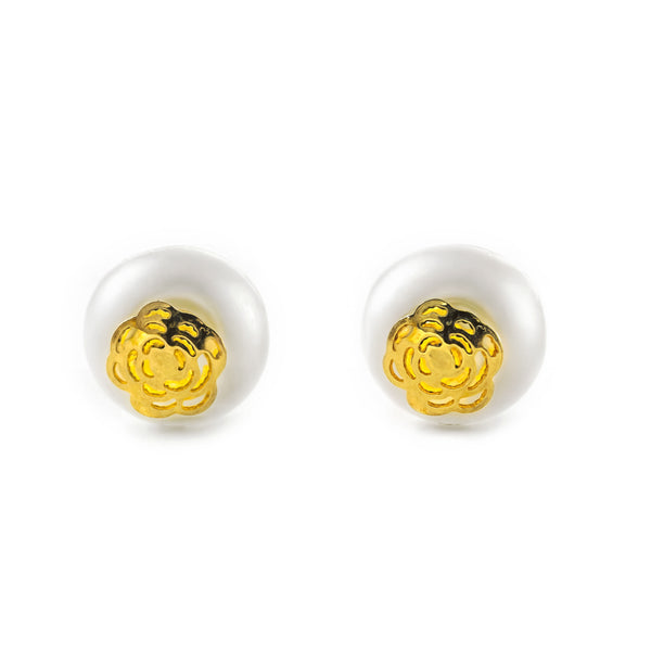 Pendientes Niña oro Amarillo 9K Flor Perla Natural Botón Brillo