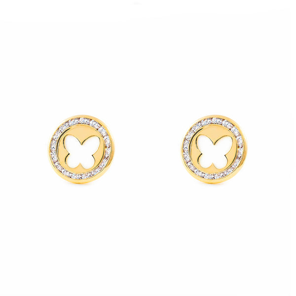 Boucles d'Oreilles Nacre Papillon Zircone Or Jaune 9 Carats