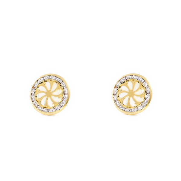 Boucles d'Oreilles Nacre Fleur Zircone Or Jaune 9 Carats