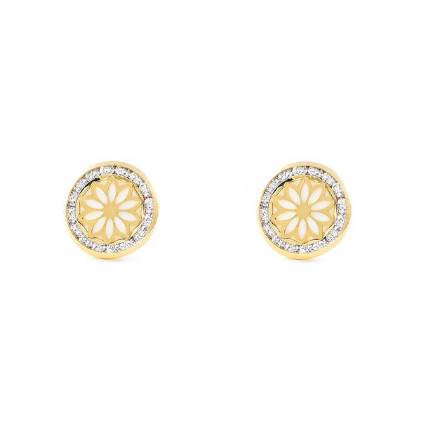 Boucles d'Oreilles Nacre Ronde Zircone Or Jaune 9 Carats