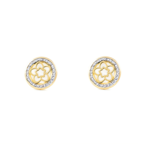 Boucles d'Oreilles Nacre Fleur Zircone Or Jaune 9 Carats