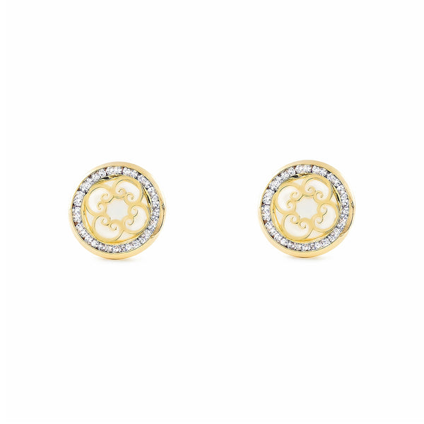 Boucles d'Oreilles Nacre spirales Zircone Or Jaune 9 Carats