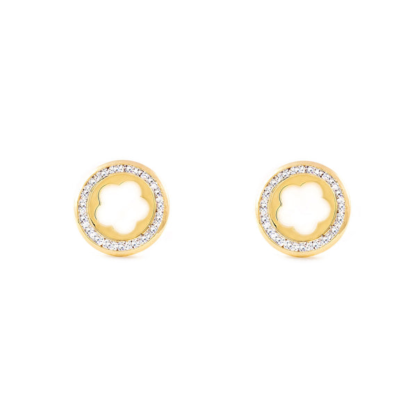 Boucles d'Oreilles Nacre marguerite fleur Zircone Or Jaune 9 Carats