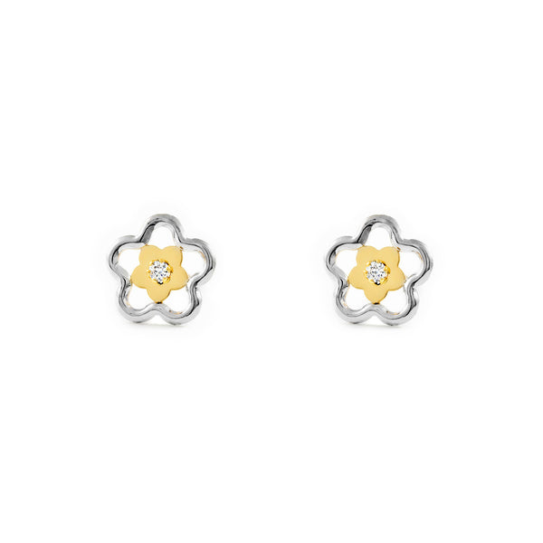 Boucles d'Oreilles marguerite fleur Zircone Or Bicolore 9 Carats