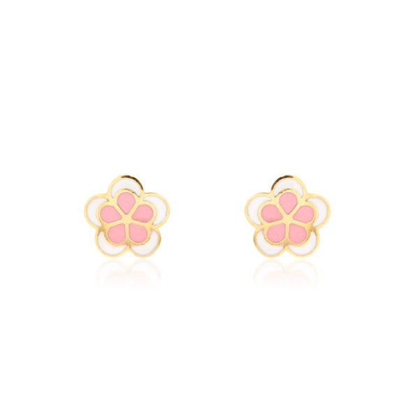 Boucles d'Oreilles Fille Enfant Émail rose-blanc marguerite fleur Or Jaune 9 Carats