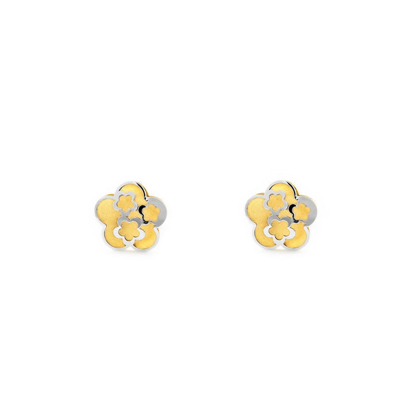 Boucles d'Oreilles Fille Enfant marguerite fleur Or Bicolore 18 Carats