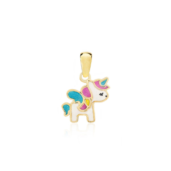 Pendentif Émail multicolore Licorne Or Jaune 9 Carats brillant