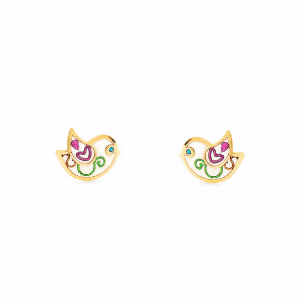 Boucles d'Oreilles Fille Enfant Émail multicolore Oiseau Or Jaune 9 Carats