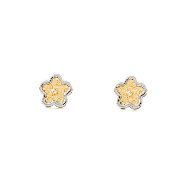 Boucles d'Oreilles marguerite fleur Zircone Or Bicolore 9 carats texturees