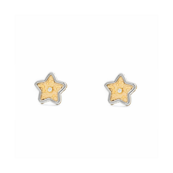 Boucles d'Oreilles Étoile Zircone Or Bicolore 9 carats texturees