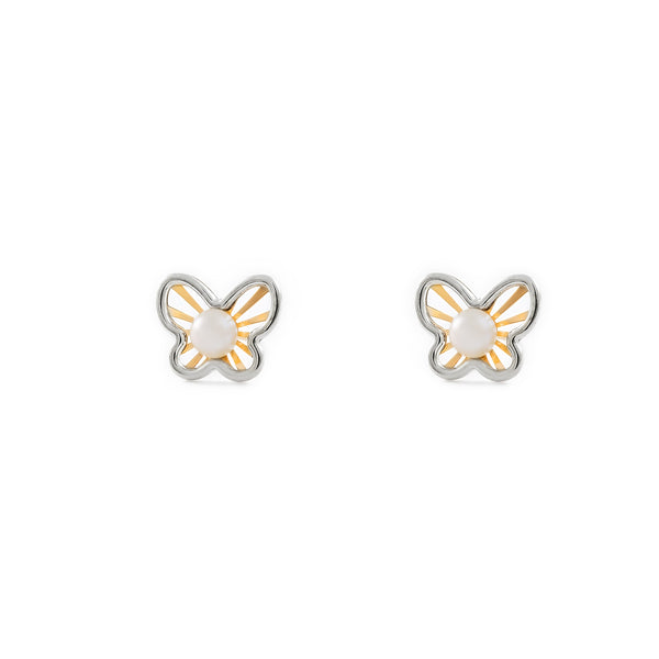 Boucles d'Oreilles Fille Enfant Papillon Perle 3,5 mm Or Bicolore 9 carats mates et brillantes