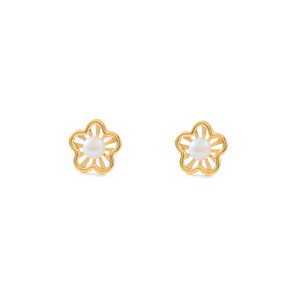 Boucles d'Oreilles Fille Enfant marguerite fleur Perle 3,5 mm Or Jaune 9 carats mates et brillantes