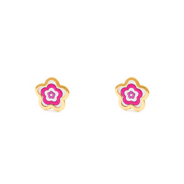 Boucles d'Oreilles Fille Enfant Émail rose marguerite fleur Or Jaune 9 Carats