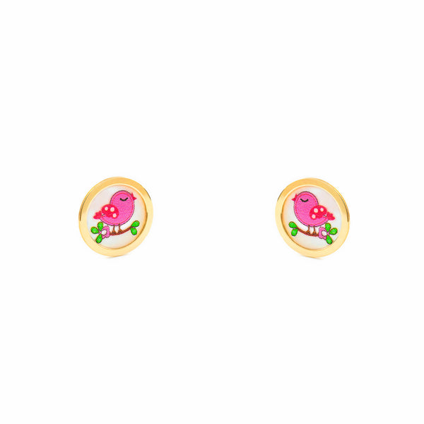 Boucles d'Oreilles Fille Enfant Émail multicolore Oiseau Or Jaune 9 Carats