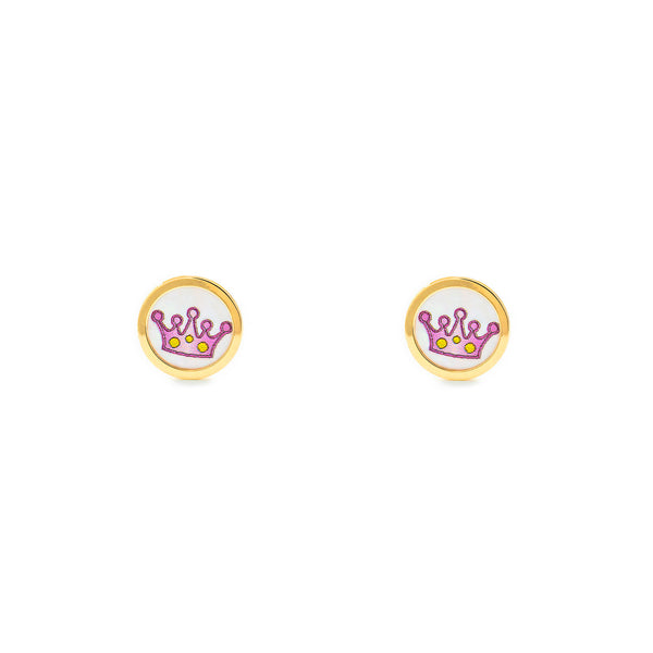 Boucles d'Oreilles Fille Enfant Émail violet couronner Or Jaune 9 Carats