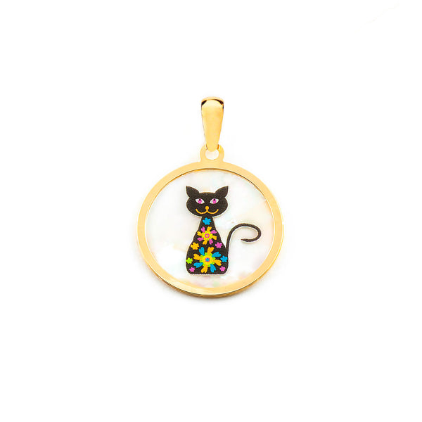 Pendentif Nacre Chat Émail multicolore Or Jaune 9 Carats brillant